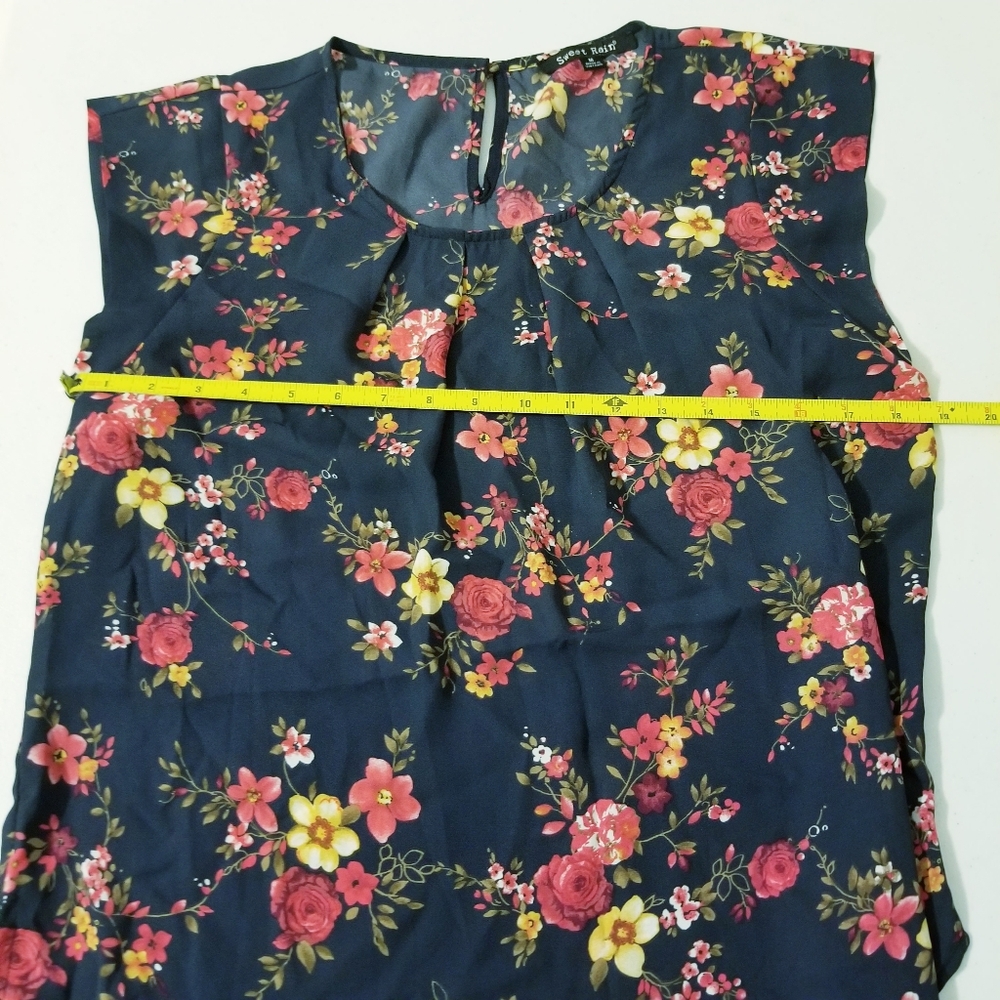 SWEET RAIN Navy Blue Floral Sleeveless Pleated Sheer Blouse Medium Boho Romantic - Picture 6 of 8